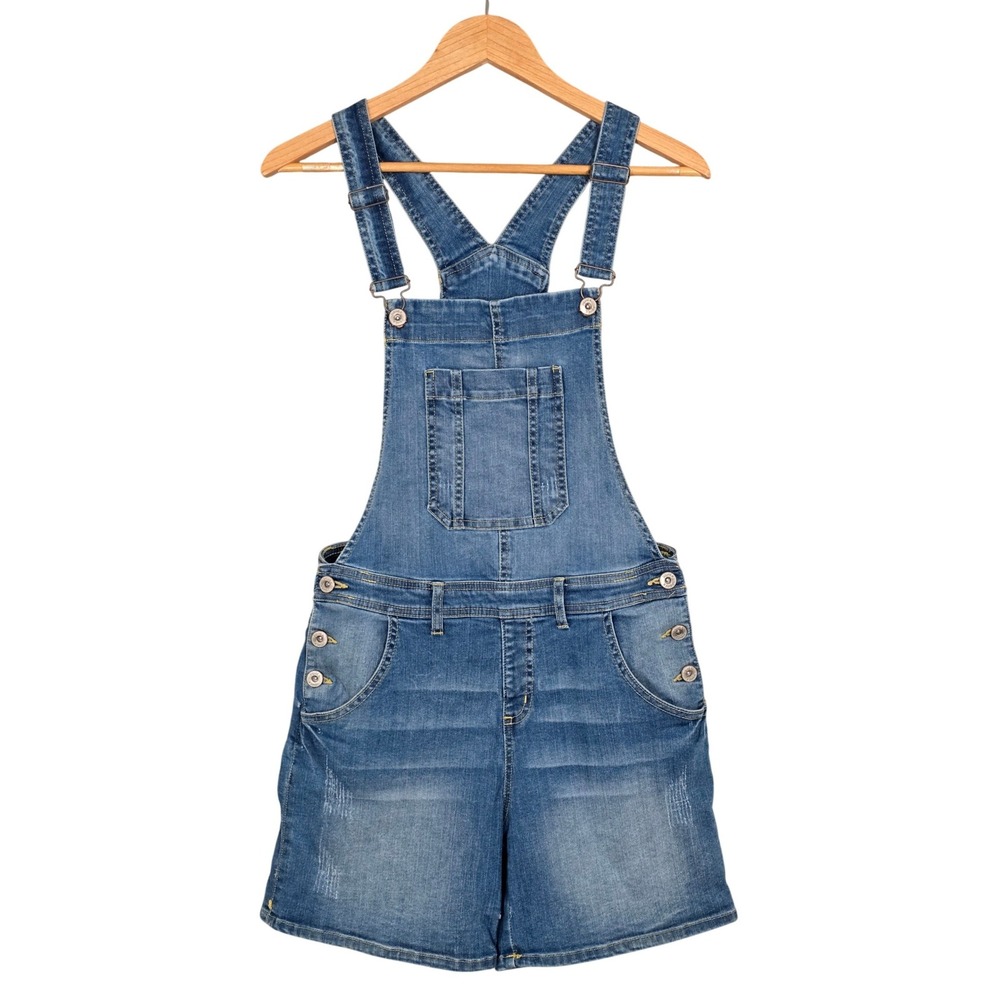 liquid x Women's High Rise Distressed Denim Overall Shorts Romper Blue M